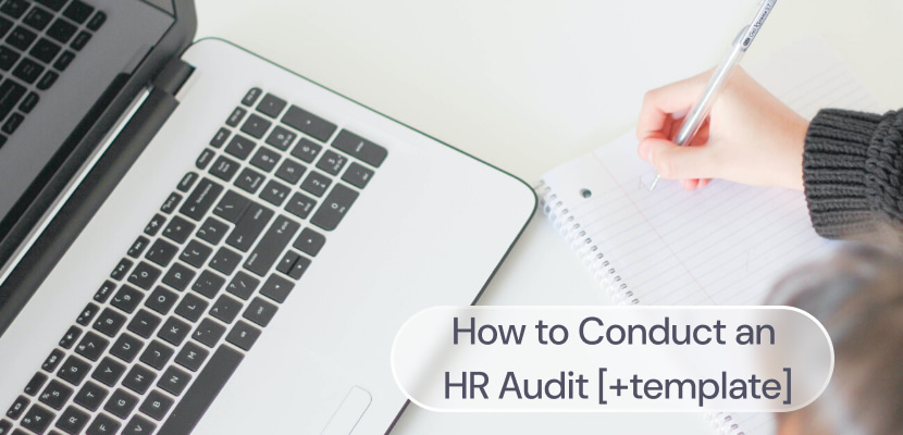 A person working at a laptop with the label: How to conduct an HR Audit + template