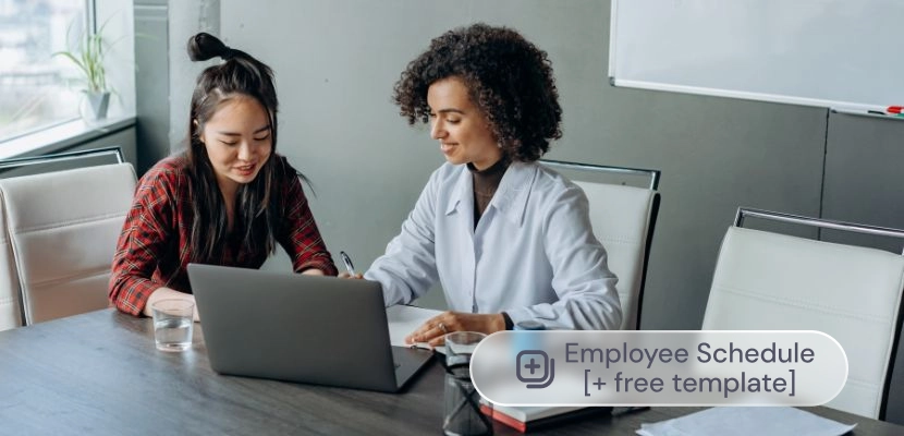 Two women planning employee schedules, with the label: employee schedule + free template