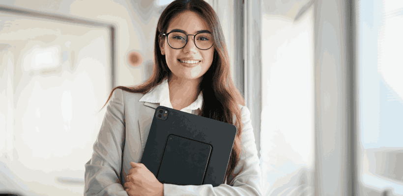 business woman holding her career portfolio and smiling