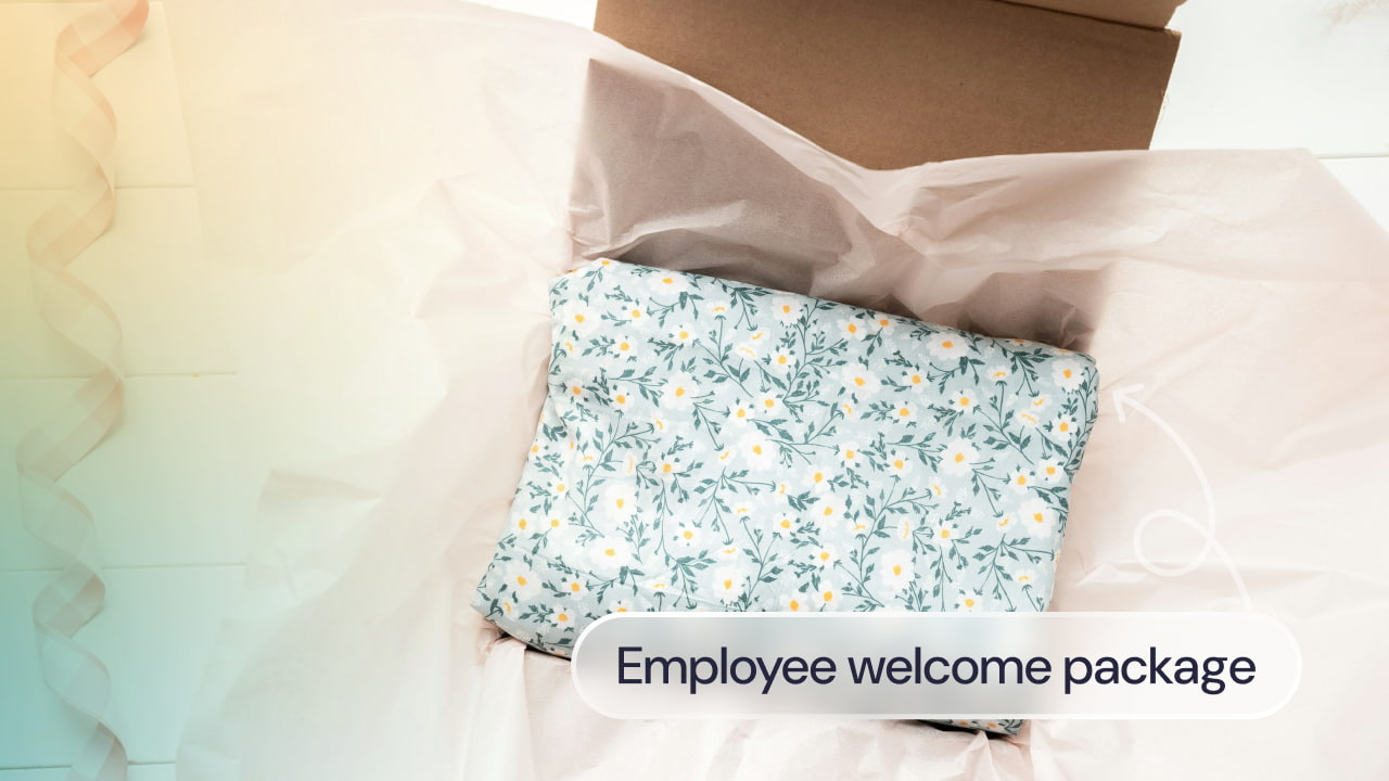 A gift box with the label: Employee welcome package