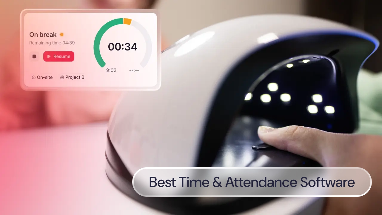 A biometric scanner overlaid with a factorial time tracking screen, and the label: Best Time & Attendance software