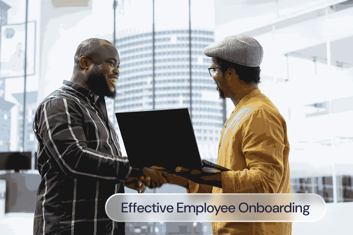 Two people with a laptop shaking hands, label reads: Effective employee onboarding