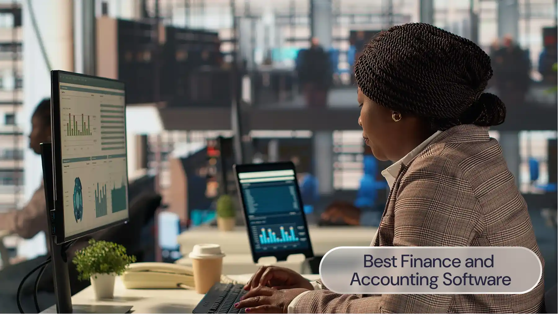 A woman working at a computer, with the label: Best finance and accounting software