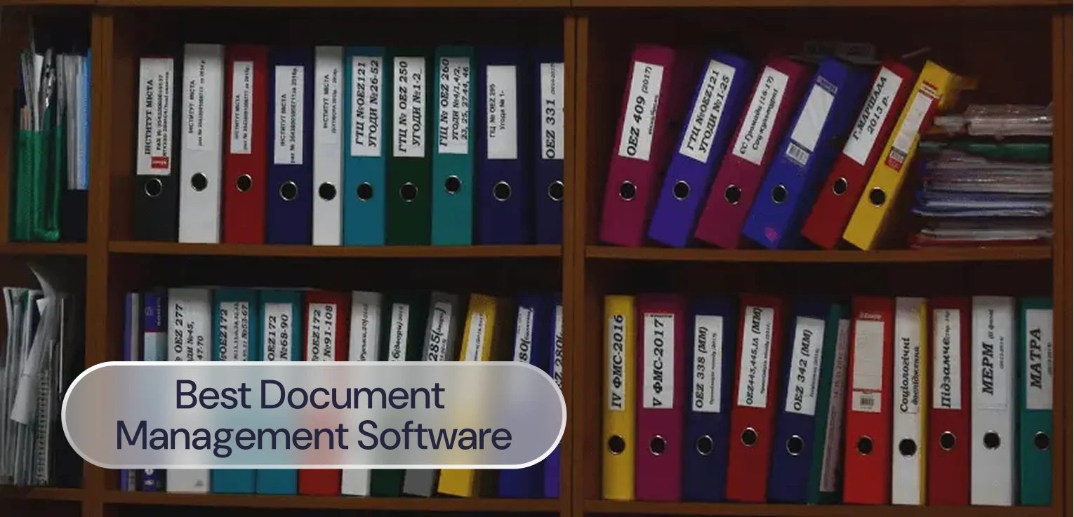 Bookshelves filled with binders, and the label: Best document management software