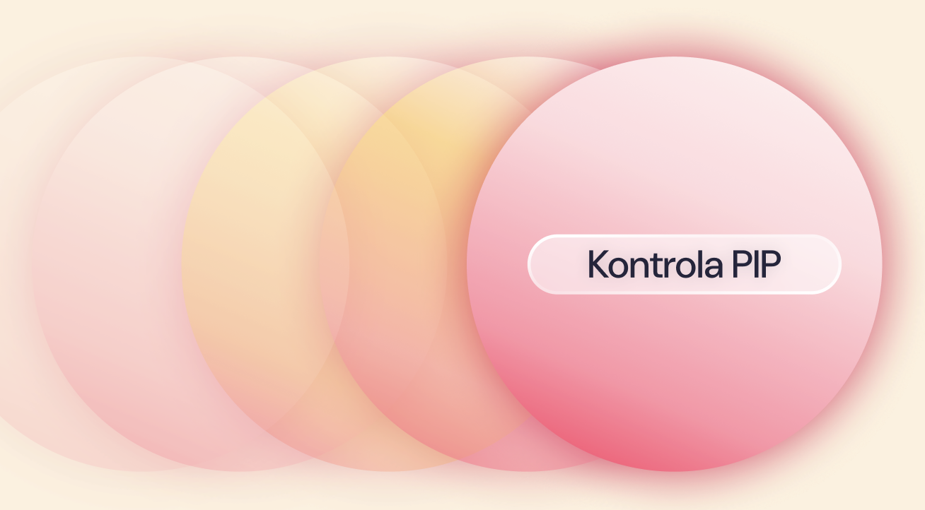 Abstrakcyjna grafika z różowymi kołami z napisem "Kontrola PIP".