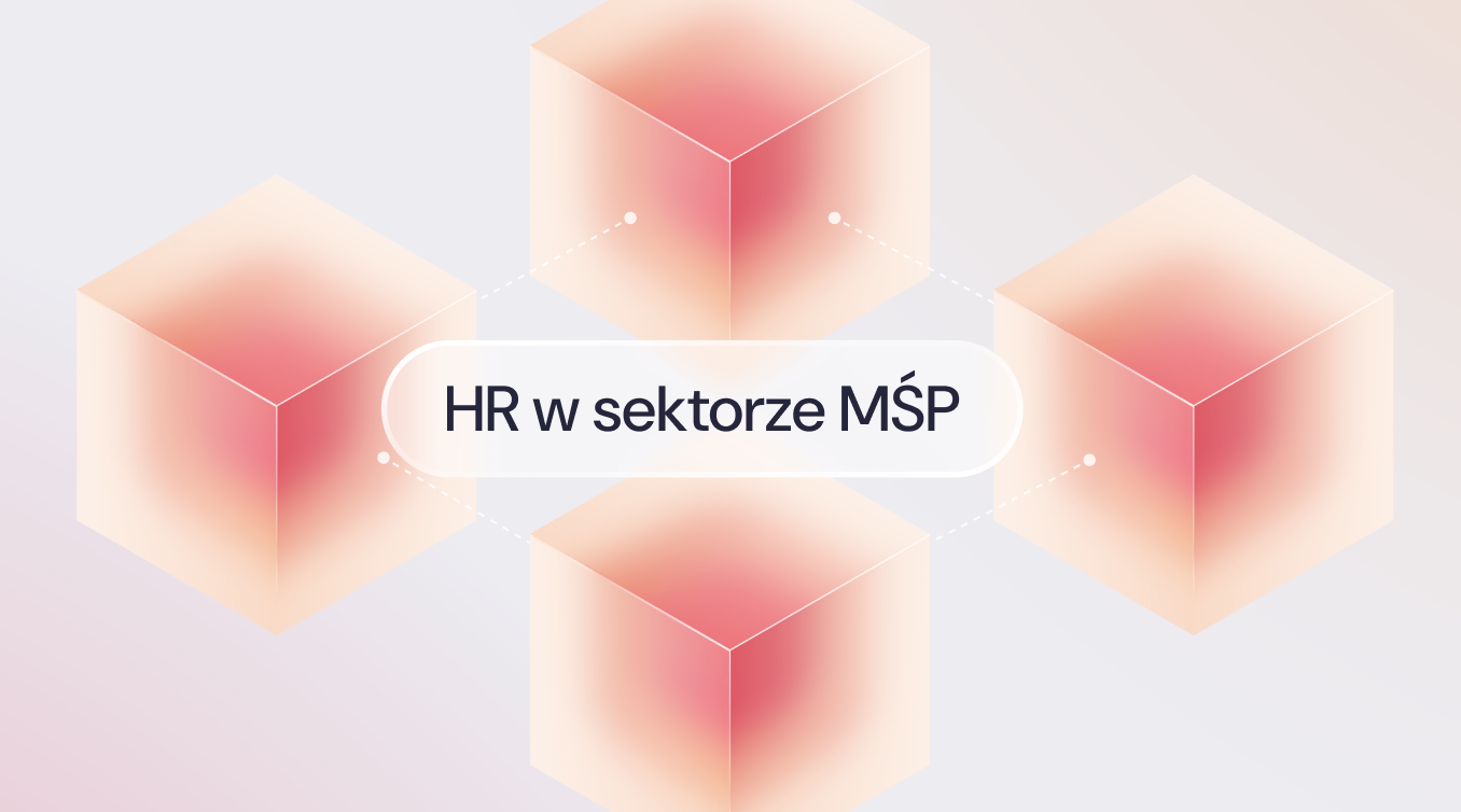 Abstrakcyjna grafika z kwadratami z napisem "HR w sektorze MŚP".