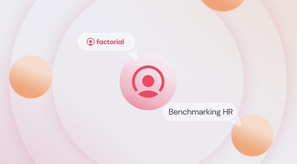 Różowa grafika z logiem Factorial i napisem "Benchmarking HR".