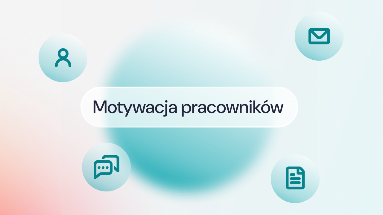 Grafika z niebieskimi kołami i ikonami oraz napisem "Motywacja pracowników".